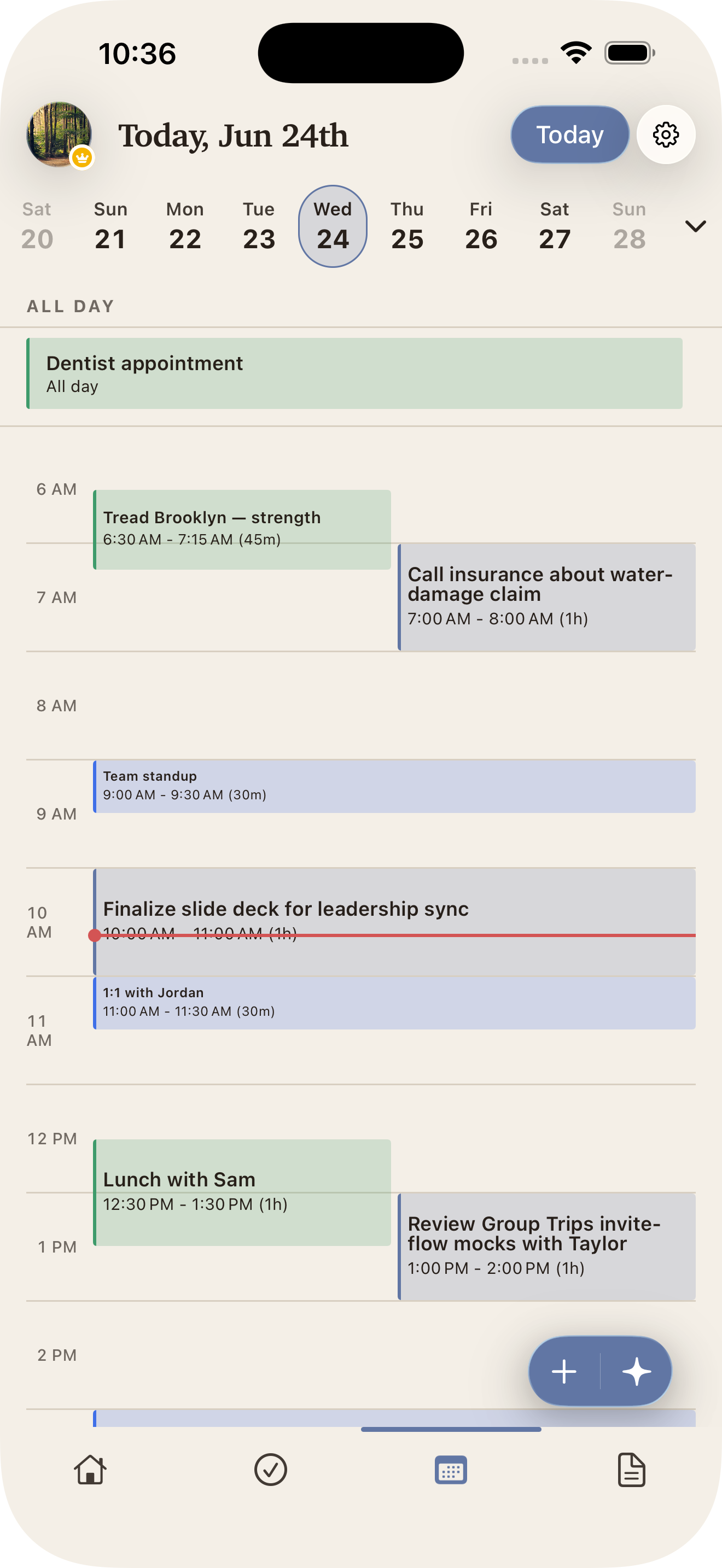 Day view showing events and tasks on one timeline