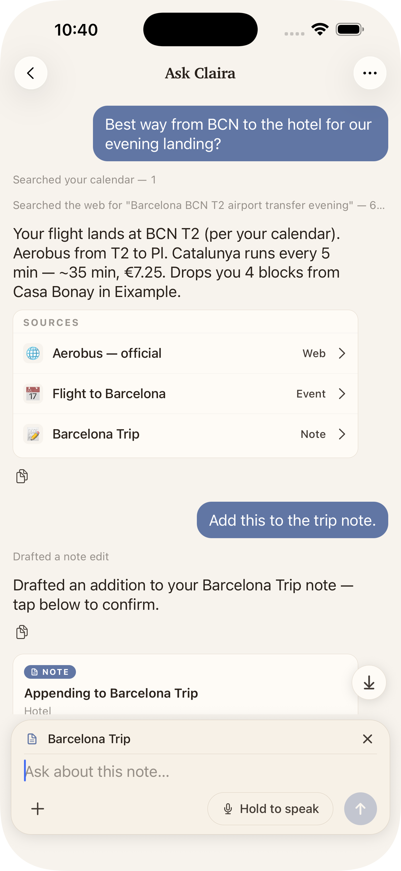 Asking Claira for a Barcelona anniversary dinner; she searches the web and surfaces three options