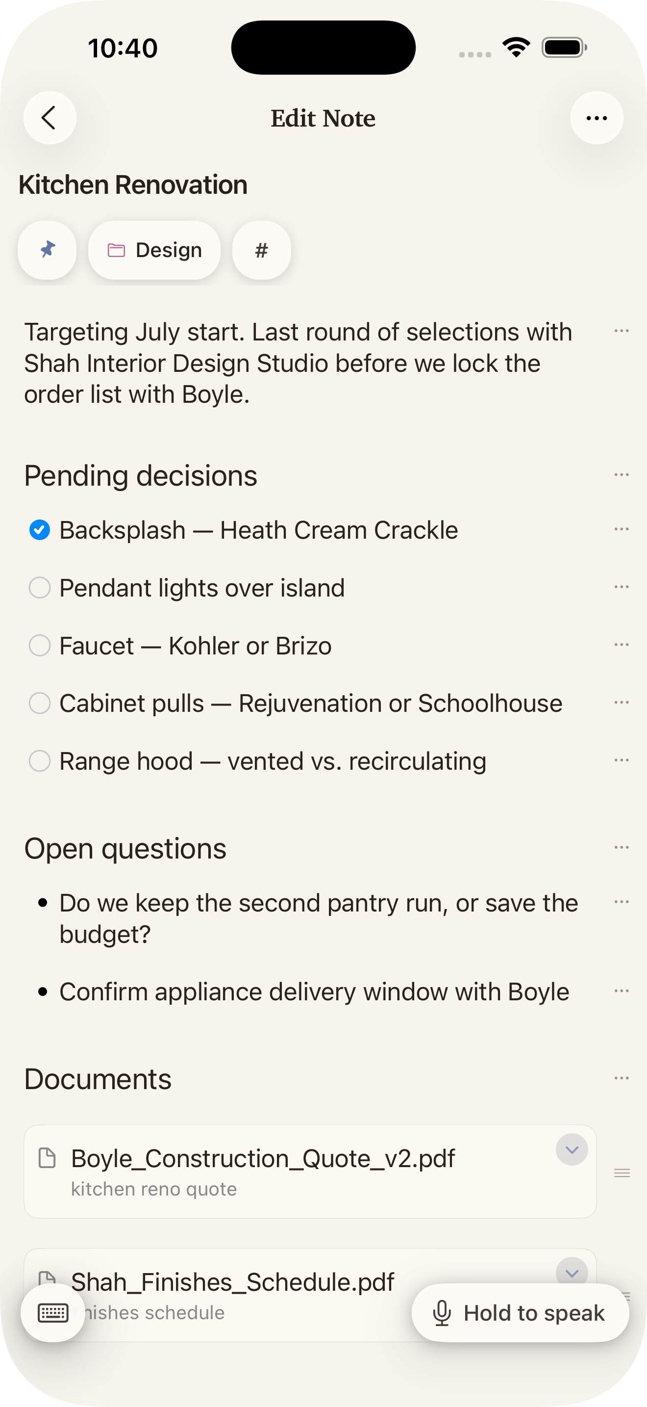 A rich note with checklist, prose, and a PDF
