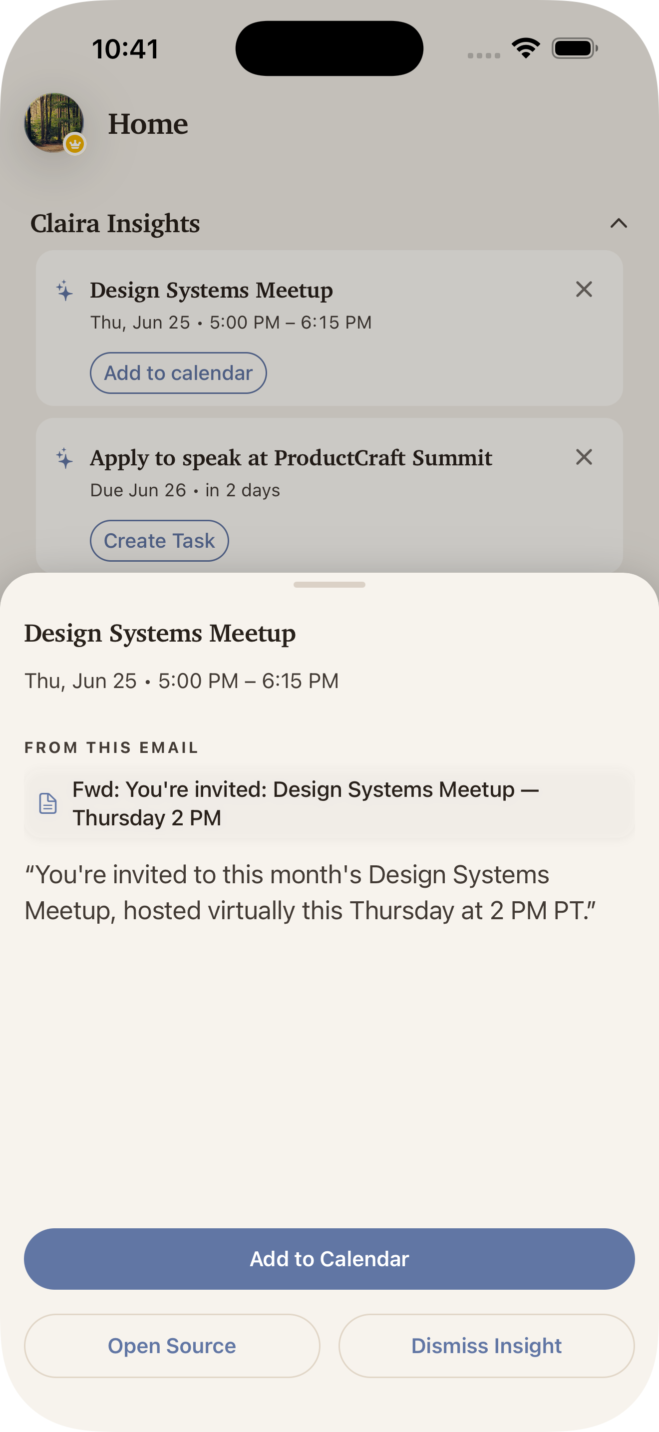 Forwarded email surfaced as a meeting card