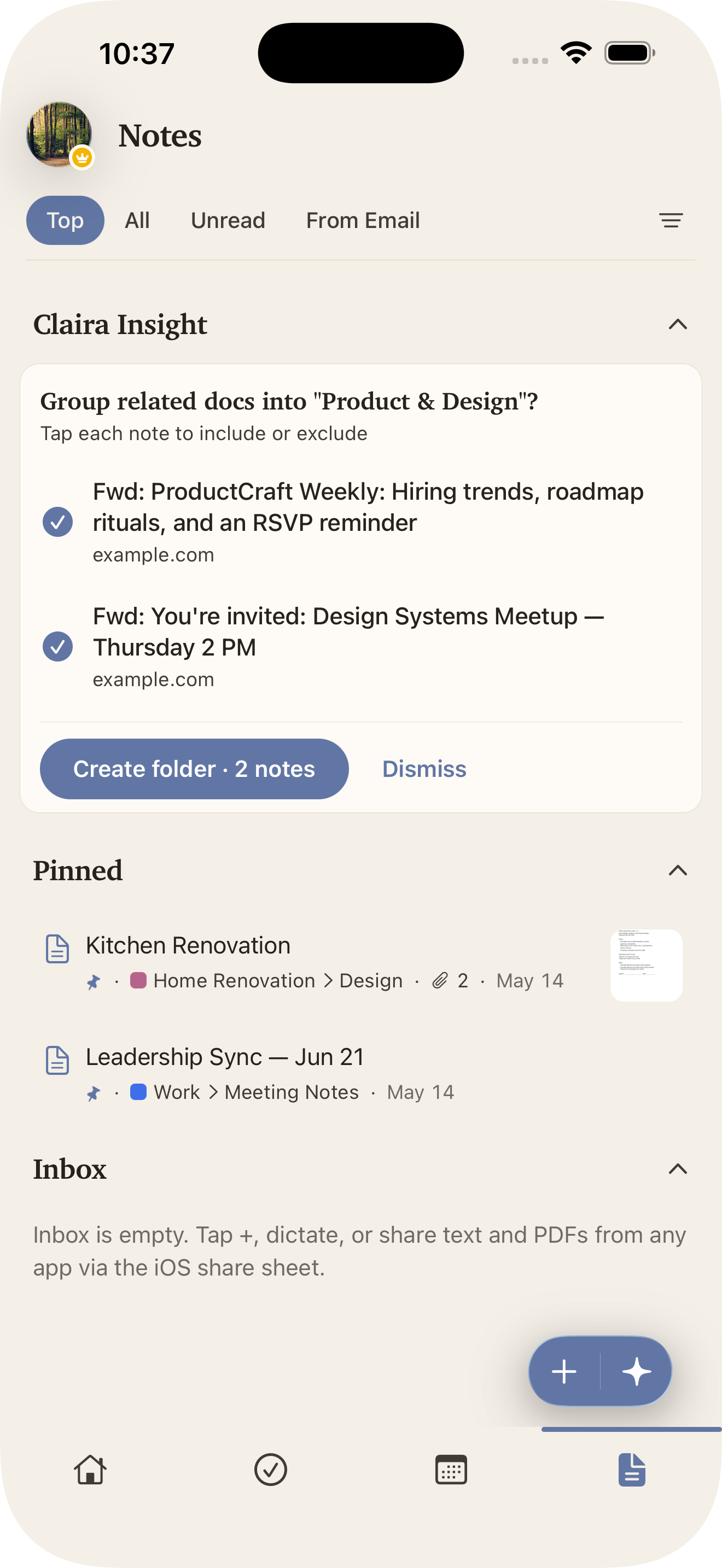 Related notes grouped into a suggested folder