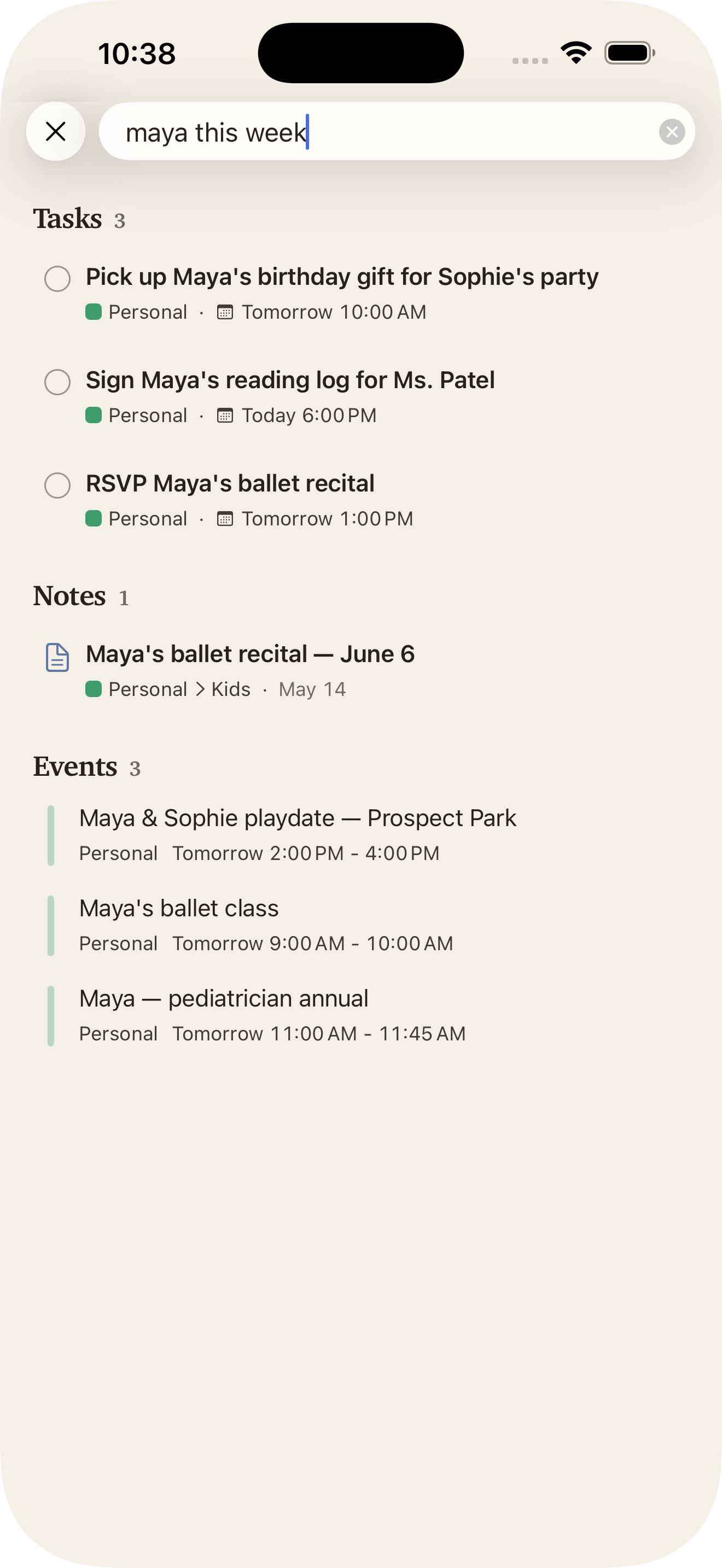 One search across tasks, notes, and events with date phrases