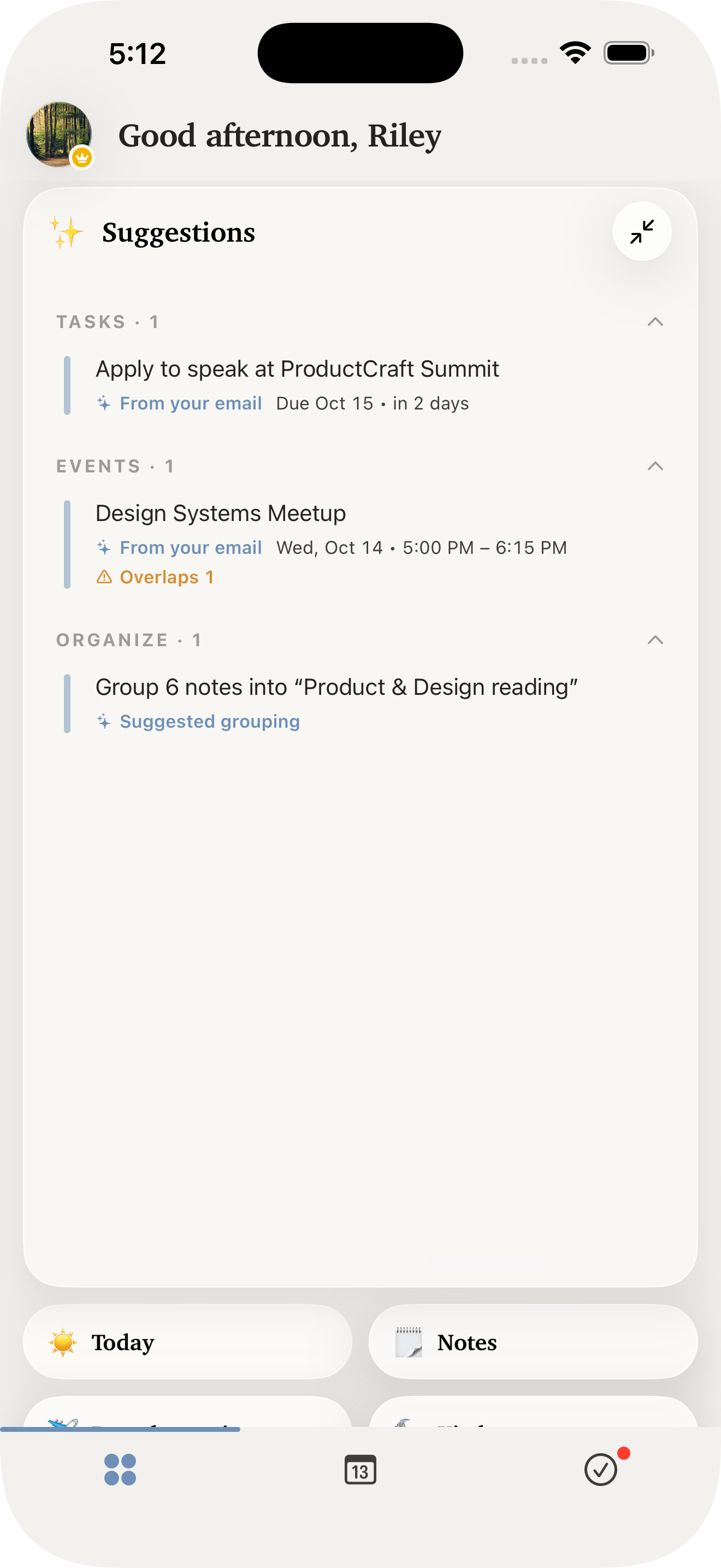 Suggestions from a forwarded email — a task, an event, and a note grouping