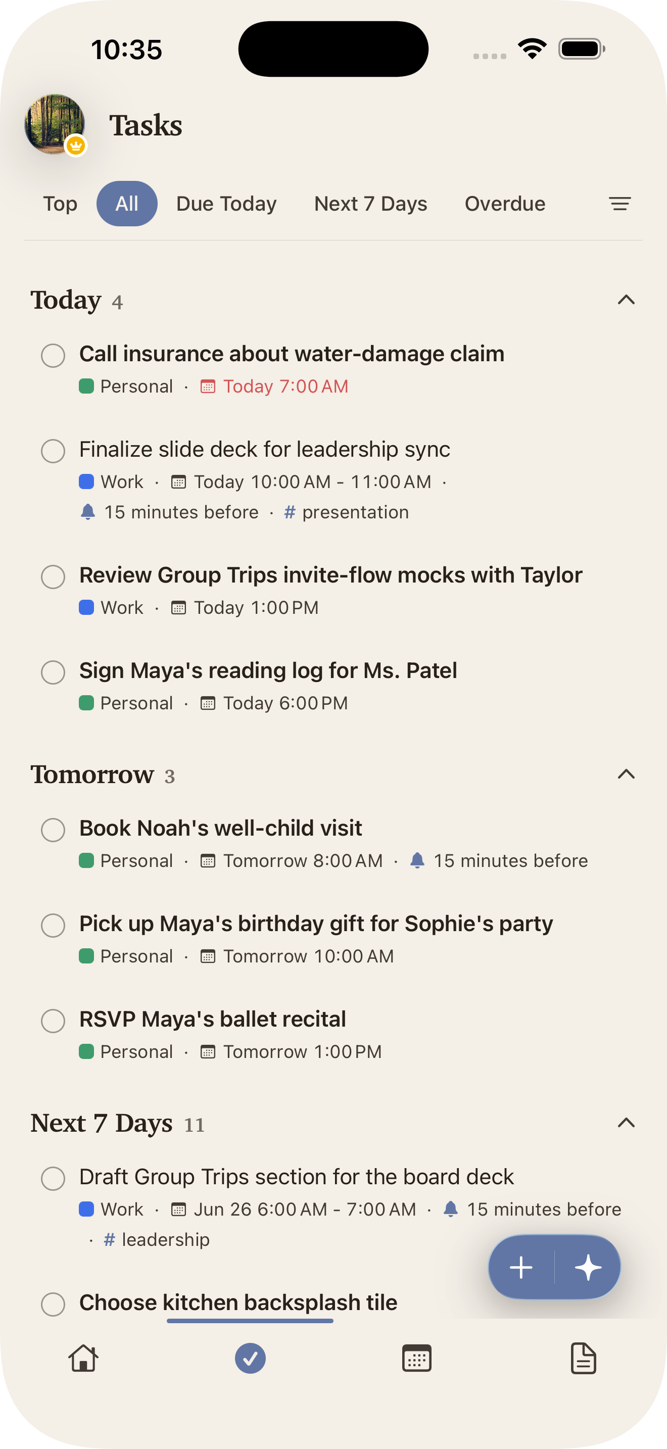 Today, tomorrow, and next-seven-days task lists