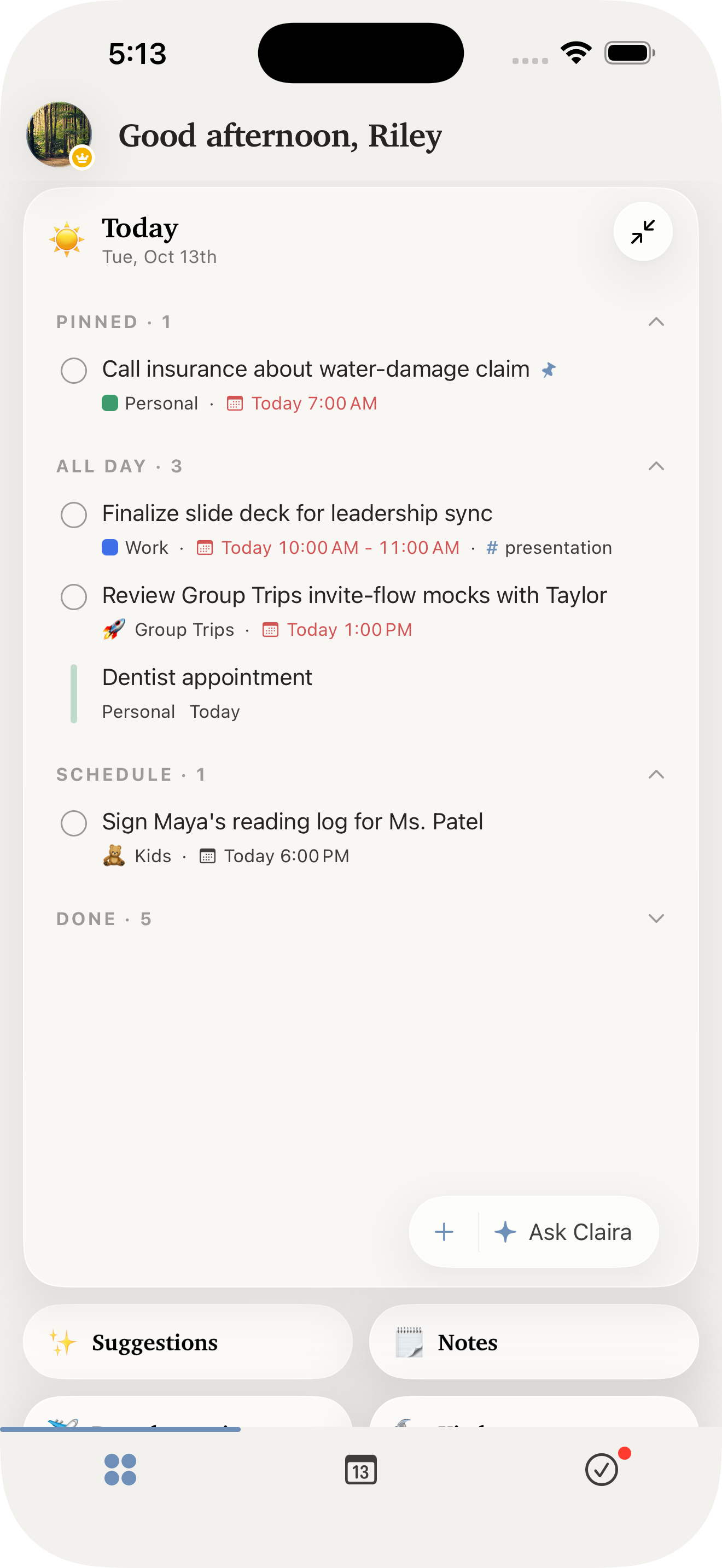Today — the day’s tasks and events on one screen